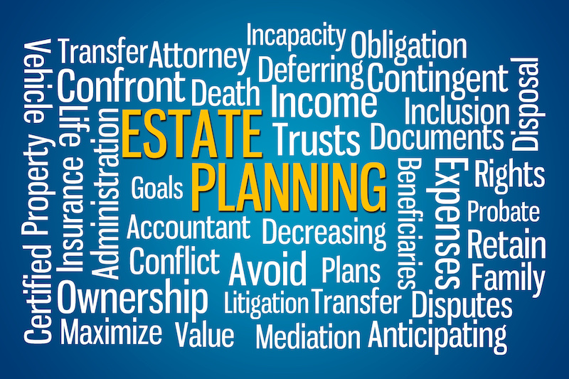 Estate Planning word cloud on blue background