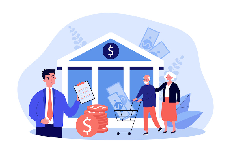 Bank employee giving investment contract to grandparents. Tiny old man and woman carrying money in trolley flat vector illustration. Pension fund concept for banner, website design or landing web page