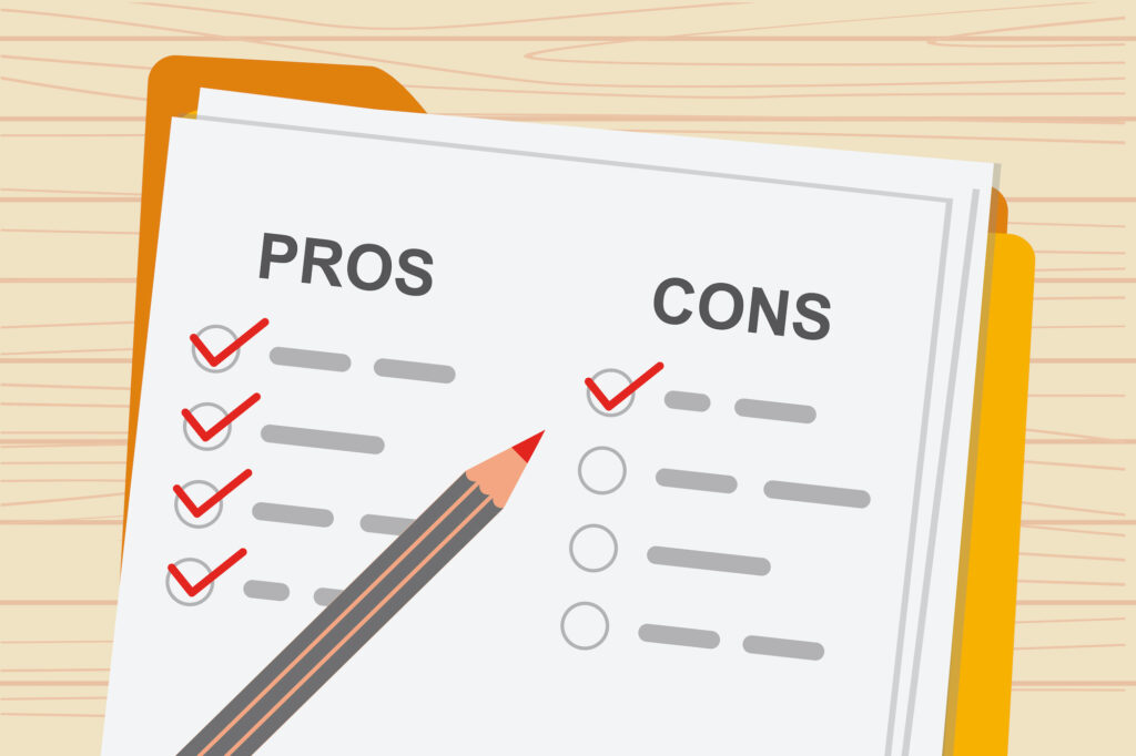 Pros and cons concept of decision making process. Listing positive and negative for a business solution. Folder with paper and pencil. Flat vector illustration