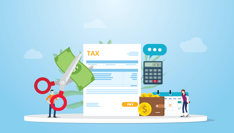 tax deduction or reduction concept with people cutting money on taxes document with scissors with modern flat style vector