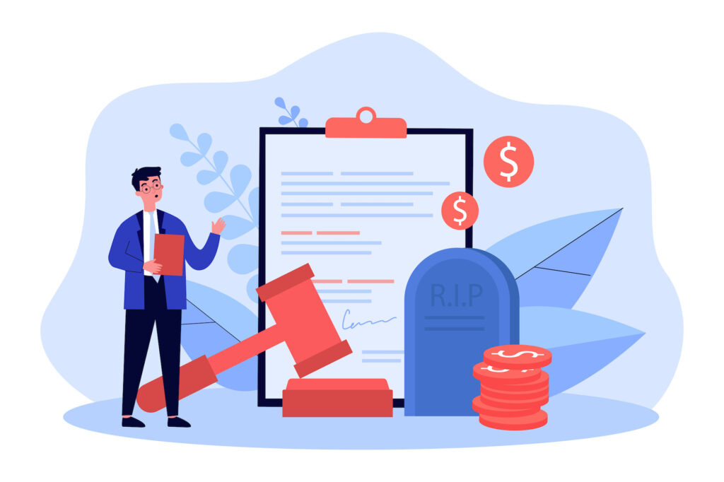 Attorney working with act of inheritance and testament. Tiny man standing near tombstone, document and gavel flat vector illustration. Legacy concept for banner, website design or landing web page