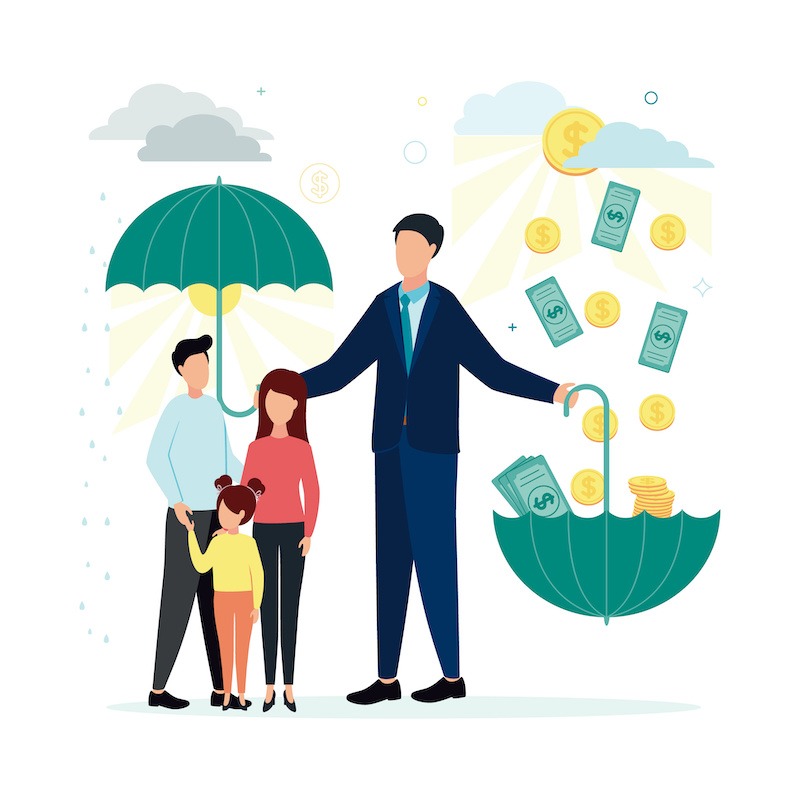 Finance. Vector illustration of trust, fiduciary services. A man jerks an umbrella in one hand, under which people, in the other hand the umbrella is turned down, bills and coins are poured into him.