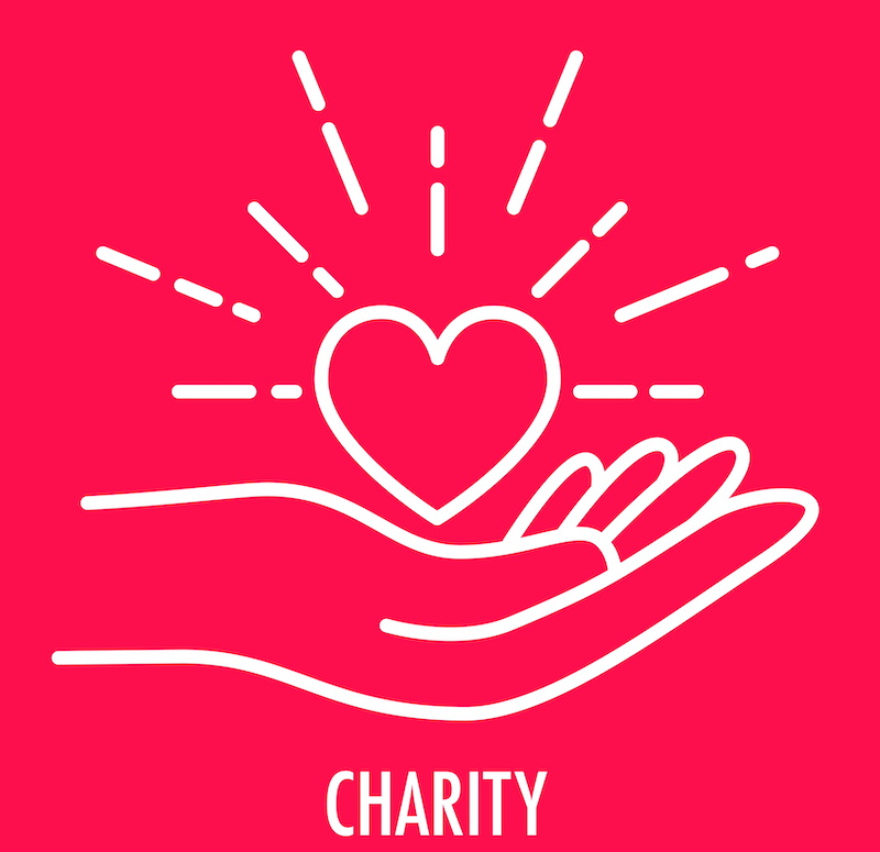 Heart in hand symbol line icon. Logo template for charity and donation, voluntary and non profit organization. Vector illustration isolated on red background.