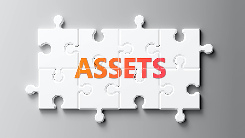 Assets complex like a puzzle - pictured as word Assets on a puzzle pieces to show that Assets can be difficult and needs cooperating pieces that fit together, 3d illustration