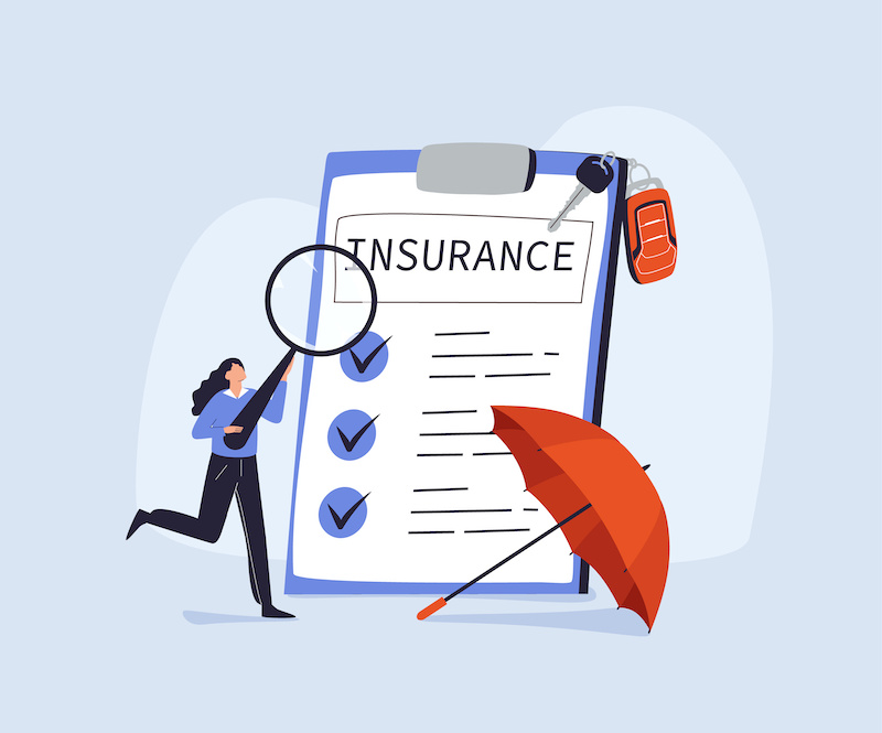 Insurance of auto or real estate illustration. Character buying or renting car and signing full coverage insurance policy. Car safety, assistance and protection concept. Vector illustration.