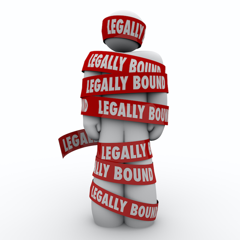 Legally Bound red tape wrapped around a man or person who is prohibited, restrained or prevented by law from doing something or going somewhere