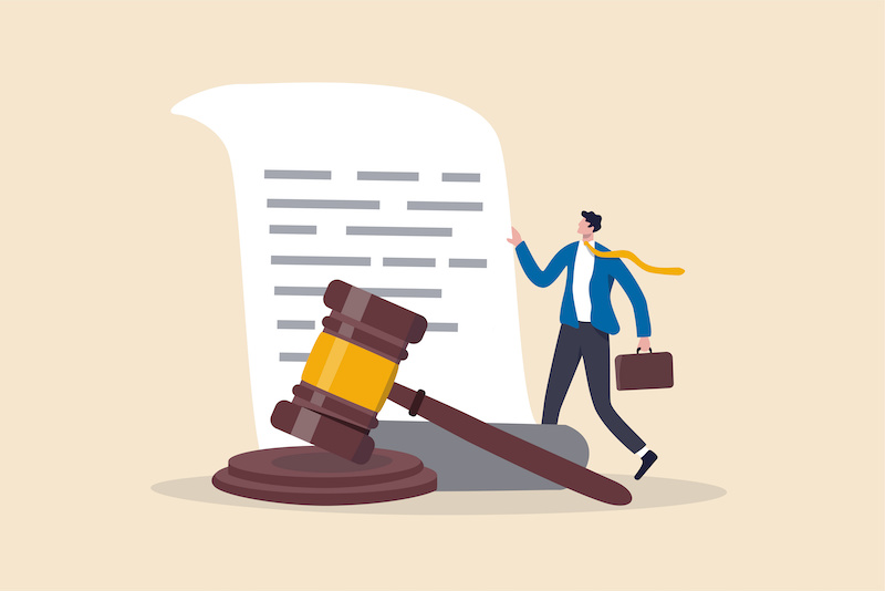 Legal document, attorney or court professional office, law and judgment approval paper concept, mature lawyer holding legal document with a gravel hammer symbol of court or judgement.