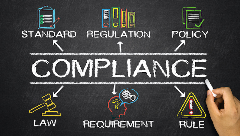 Compliance concept diagram with related keywords and elements on blackboard