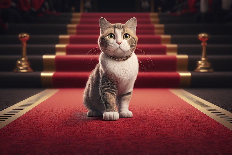 Cat on red carpet winning oscar award illustration. AI generation