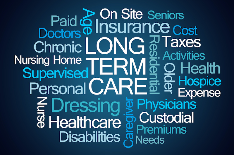 Long Term Care Word Cloud on Blue Background