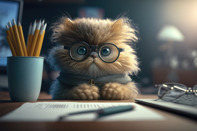 Generative AI image of cute cat in round eyeglasses as office worker sitting at table near pencil in cup and documents