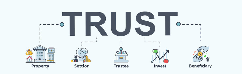 Trust banner web icon for Mutual Fund and investment, Settlor, Trustee, Beneficiary, Property and manager. Minimal vector infographic.