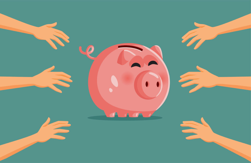People Reaching for Savings from the Same Piggy Bank Vector Cartoon