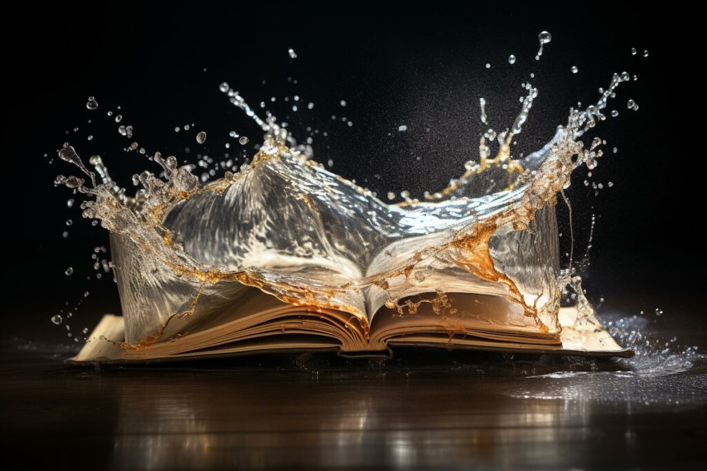 a book splitting with water pouring out. Generative AI illustrates decanting a trust