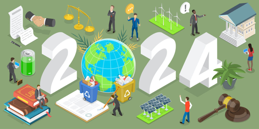 3D Isometric Flat Vector Conceptual Illustration of New Year 2024 Environmental Legislation, Pollution Prevention Laws