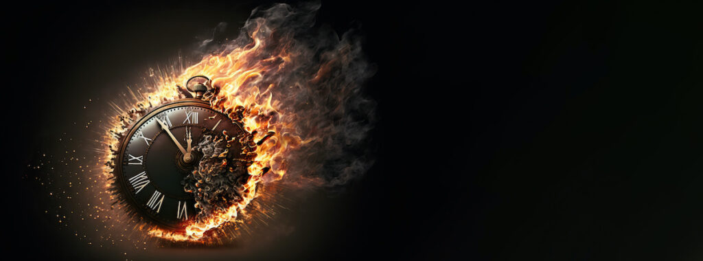 A clock on fire, the burning hands represent the urgency and the sense of running out of time. Generative AI brings a new level of creativity to this striking image, perfect for use in marketing campaigns, as a visual metaphor in educational materials, and as a focal point in design projects.