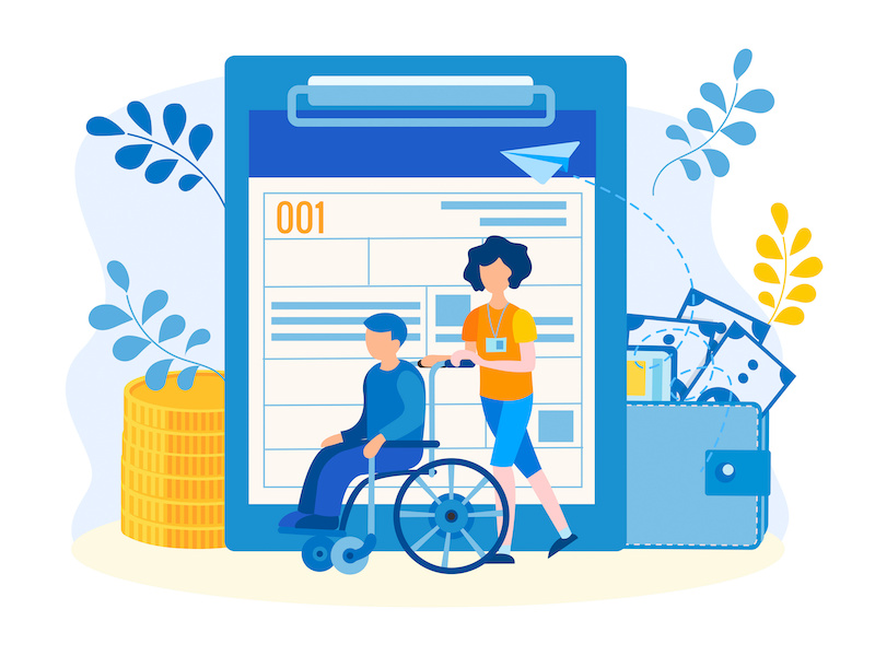 Support for lending to people with disabilities, social assistance, financial payments and insurance. Concept vector illustration
