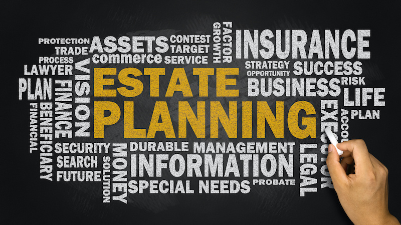 estate planning concept with related word cloud on blackboard
