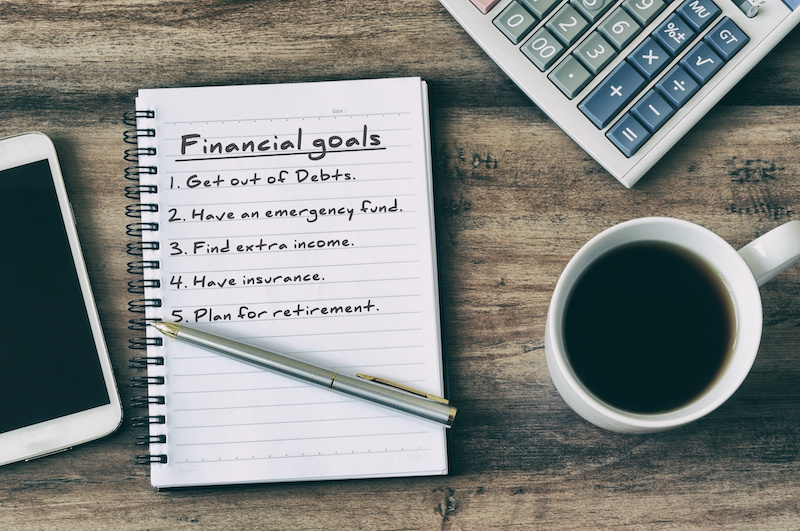 Financial goals on notepad on blank notepad with calculator, coffee, pen and smart phone on a wooden table, retro style.
