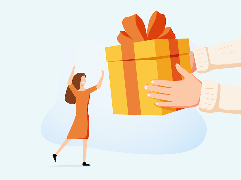Vector image on a blue background, male hand gives a box with a bow to a woman, gift or surprise, isometric. Prize, shop sale discount and gifts
