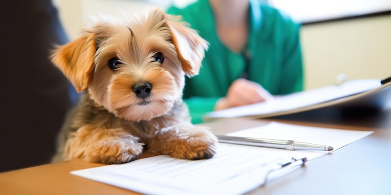 A cute pet with a vets hands and pet insurance paperwork in the foreground, concept of Animal healthcare and Preventive care, created with Generative AI technology