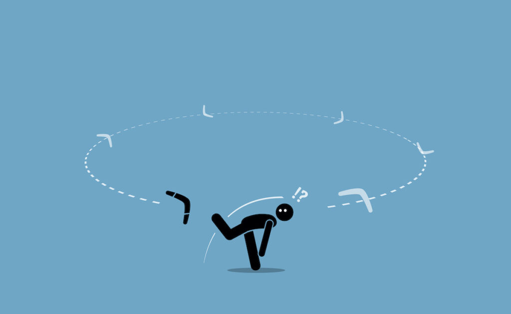 Man throwing a boomerang and surprised when it flew back to hit him from the back. Vector illustration depicts execution problem, karma, bad luck, after effect, repercussion, and consequences.