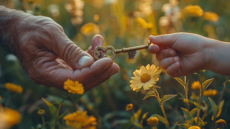 Inheritance Concept: Father holding old golden key and giving it to his child