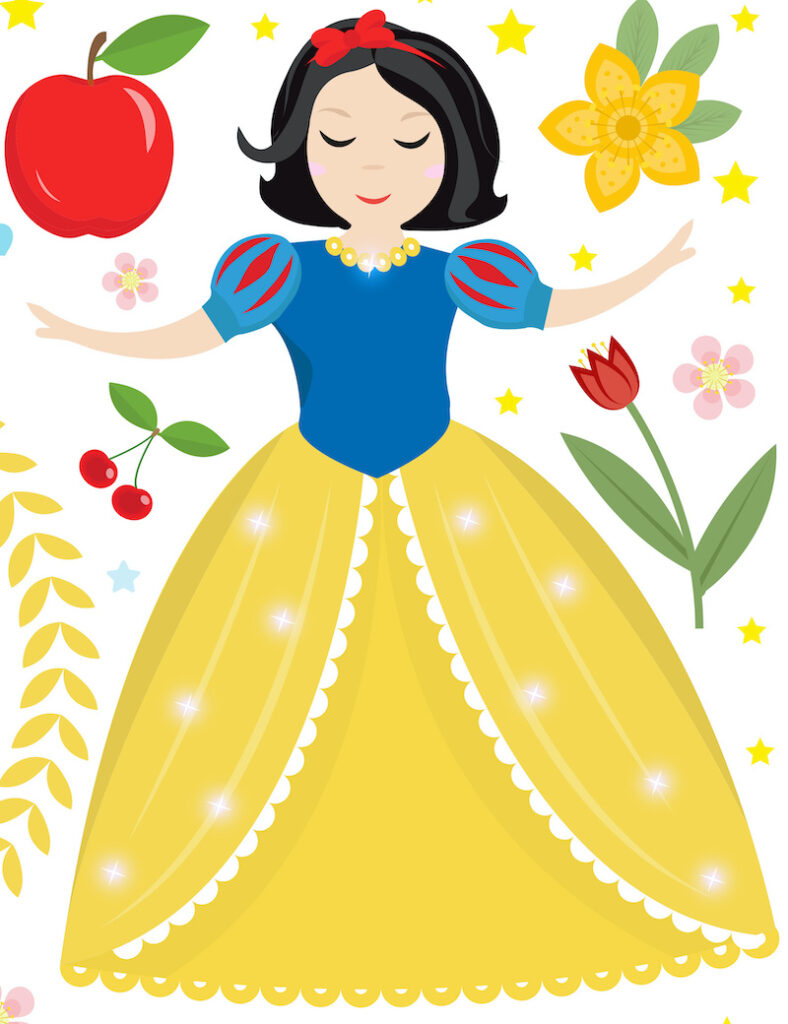 Cute fairytale princess snow white set objects. Collection design element with a little pretty girl, gnome, apple, flowers, birds. Kids baby clip art funny smiling character. Vector illustration.