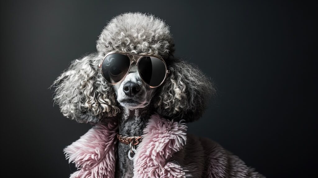 A fashionable female Poodle dog posing as a charismatic diva, stylish and classy, dressed like a rich and elegant human celebrity