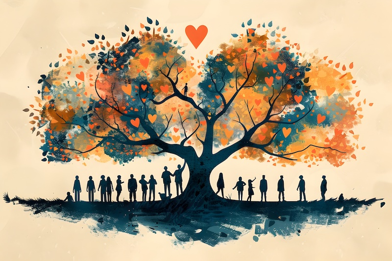 This image depicts a vibrant,nature-inspired of a family tree against a warm,autumnal color palette The tree's branches extend outwards,forming a silhouette of a group or community A glowing arrow