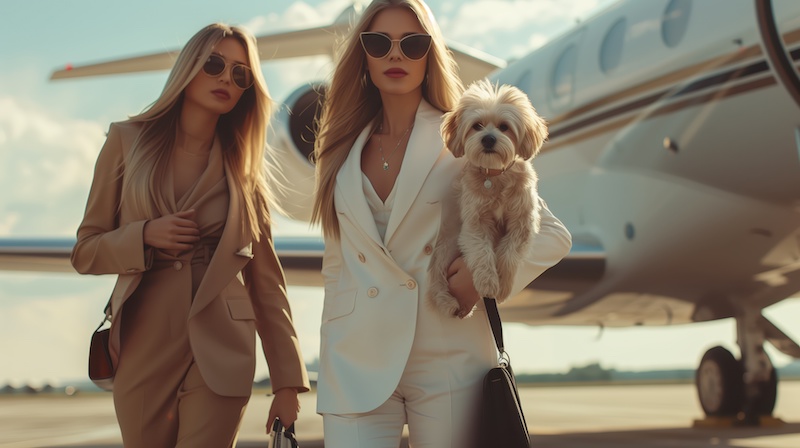 Two well-dressed women with a small dog stand confidently near a private jet, exuding elegance and a glamorous lifestyle.