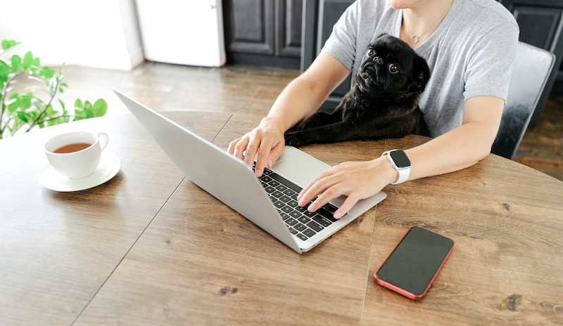 female freelancer working on laptop from her home and having her pet dog in her lap to keep her company.