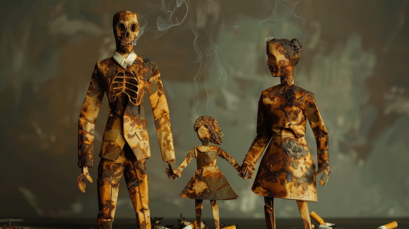 Paper dolls, parents and daughter. Daddy doll have burned lungs. Their hands hold hands with their daughter. There are burned cigarettes butts.