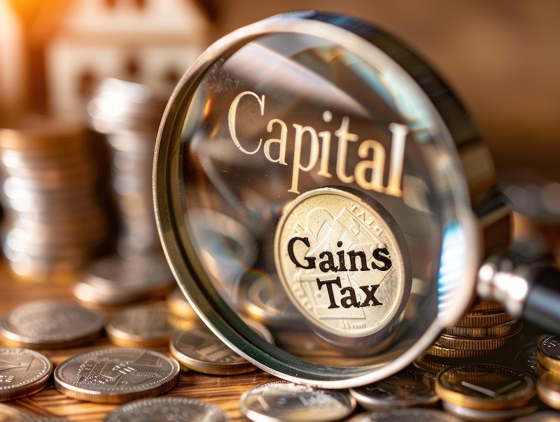 A magnifying glass focuses on the words "Capital Gains Tax" printed on a coin, with a model home and stacked coins blurred in the background. --ar 4:3 Job ID: b2e00605-55bf-4c69-ad68-e8b984cd7eb7