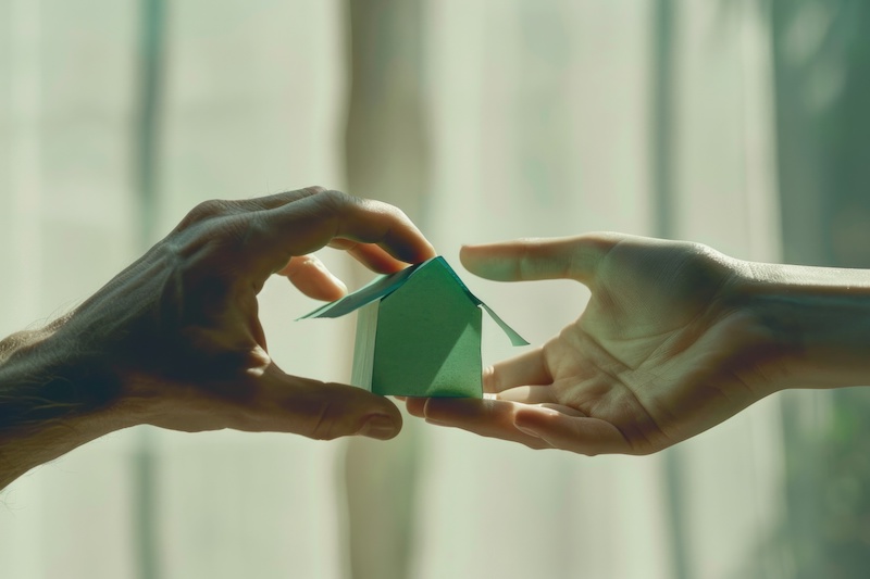 Man and a woman's hands come together to uphold a green paper house, exemplifying concepts of eco-friendly living, joint ownership, and sustainable housing against a softly lit backdrop