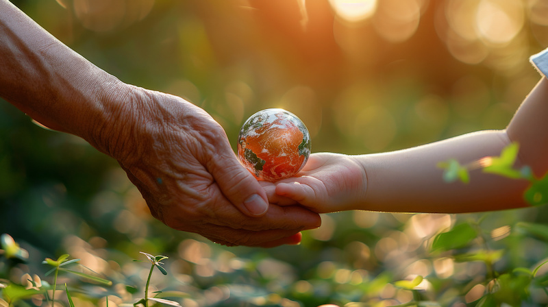 Close up of senior hands giving small planet earth to a child over defocused green background with copy space --ar 16:9 --style raw --stylize 250 Job ID: 782f6f9f-e752-4443-a2af-5d493c7ab13d