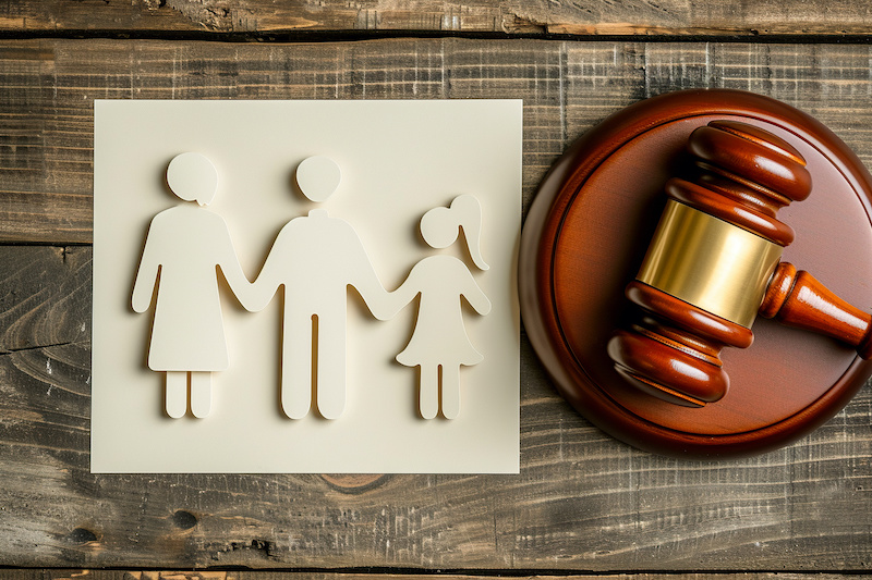 Paper figurines of husband, wife and kid with judge's gavel on wooden table. Family law, divorce lawyer, joint custody of child and alimony concept