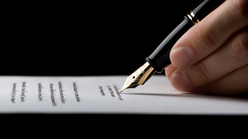 Close-up of a banker's hand signing an important financial document, luxury fountain pen in use. hyper realistic --ar 16:9 --v 6.1 Job ID: 06207592-3a2a-4c8b-b65b-68fce646bc66