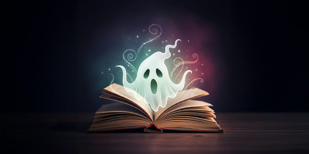 Halloween Ghost Spirit Floating out of Open Book, Reading is Fun, Read Storybook Imagination, Scary Story Graphic estate stories