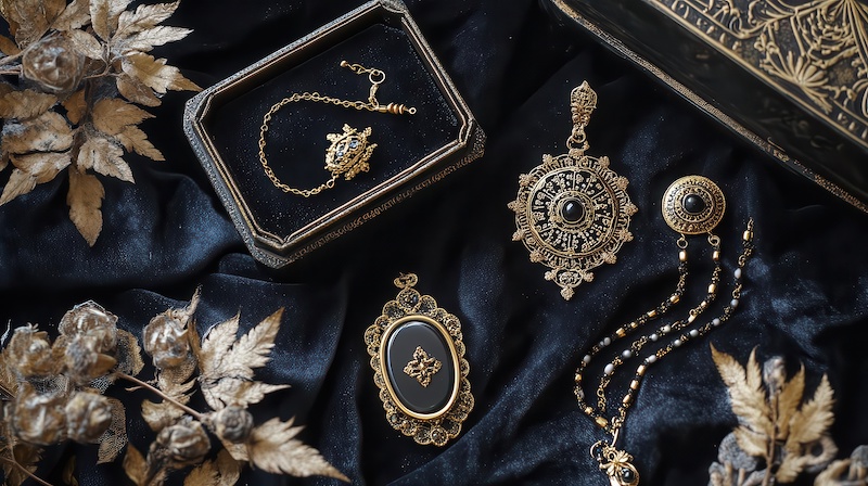 A collection of vintage jewelry pieces arranged on a dark fabric backdrop.