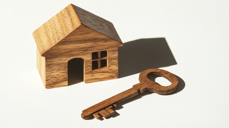 Wooden house and key with shadows, representing personal property and real estate, isolated on white