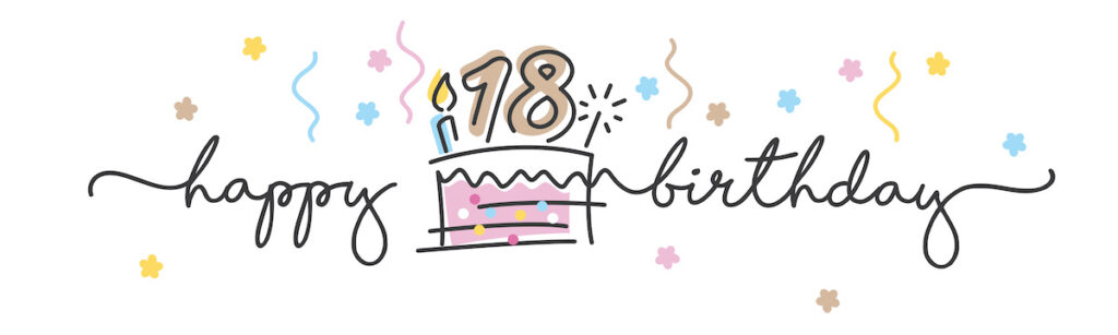 18th Birthday handwritten typography lettering Greeting card with colorful big cake, number, candle and confetti