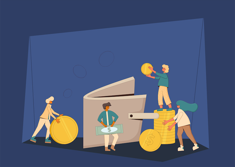 Life savings concept. Young people raising money together. Teenagers with huge coins and purse. Line art flat vector illustration.