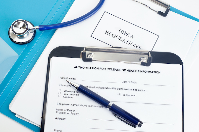 Patient release of information form with HIPAA regulations documents. Names, serial numbers, and/or dates, are random and any resemblance to actual products is purely cooincidental.