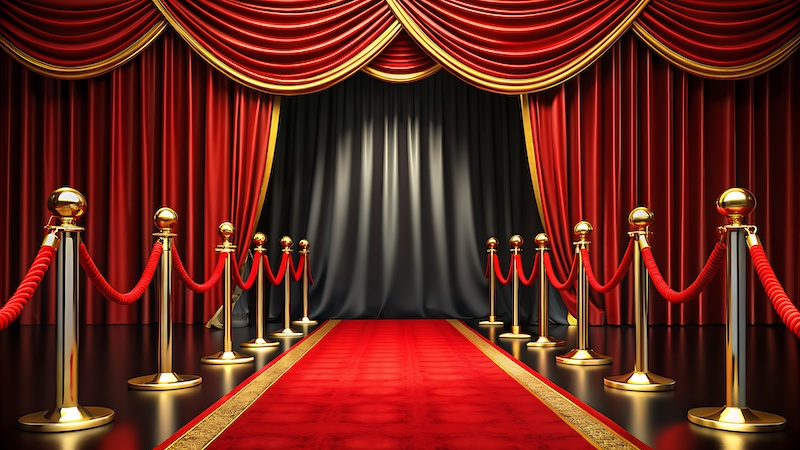 Luxurious red carpet stretches to a ornate golden stanchion, flanked by velvet ropes, against a backdrop of sleek black curtains, evoking celebrity glamour and exclusivity.