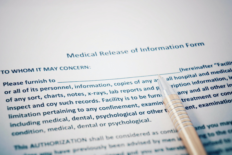 Patient release of information form with HIPAA regulations documents. Medical release of information form.