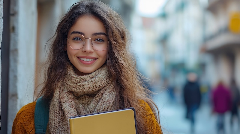 Beautiful young student girl is smiling while holding books on a busy street