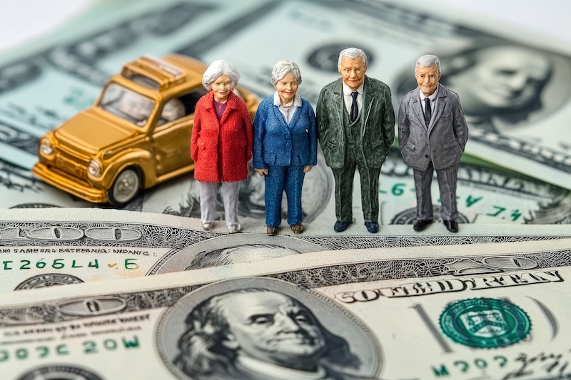 Miniature figures of elderly people on a pile of cash with a toy car, symbolizing financial planning and retirement.