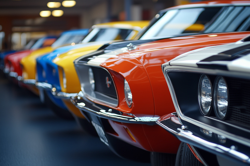 Classic American muscle cars stand proudly in a row, their bright colors shimmering under indoor lights, celebrating automotive history and craftsmanship. Each car tells a story of power and passion.