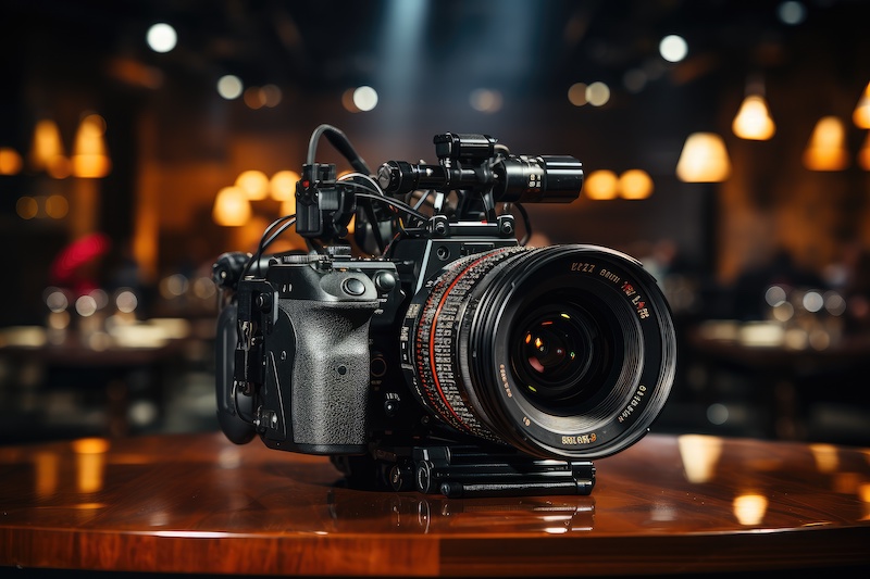 Modern video camera with a digital display recording an interview in a TV show studio. Blurry background. Mass media, television, and technology concepts. Behind the scenes of making of movie and TV